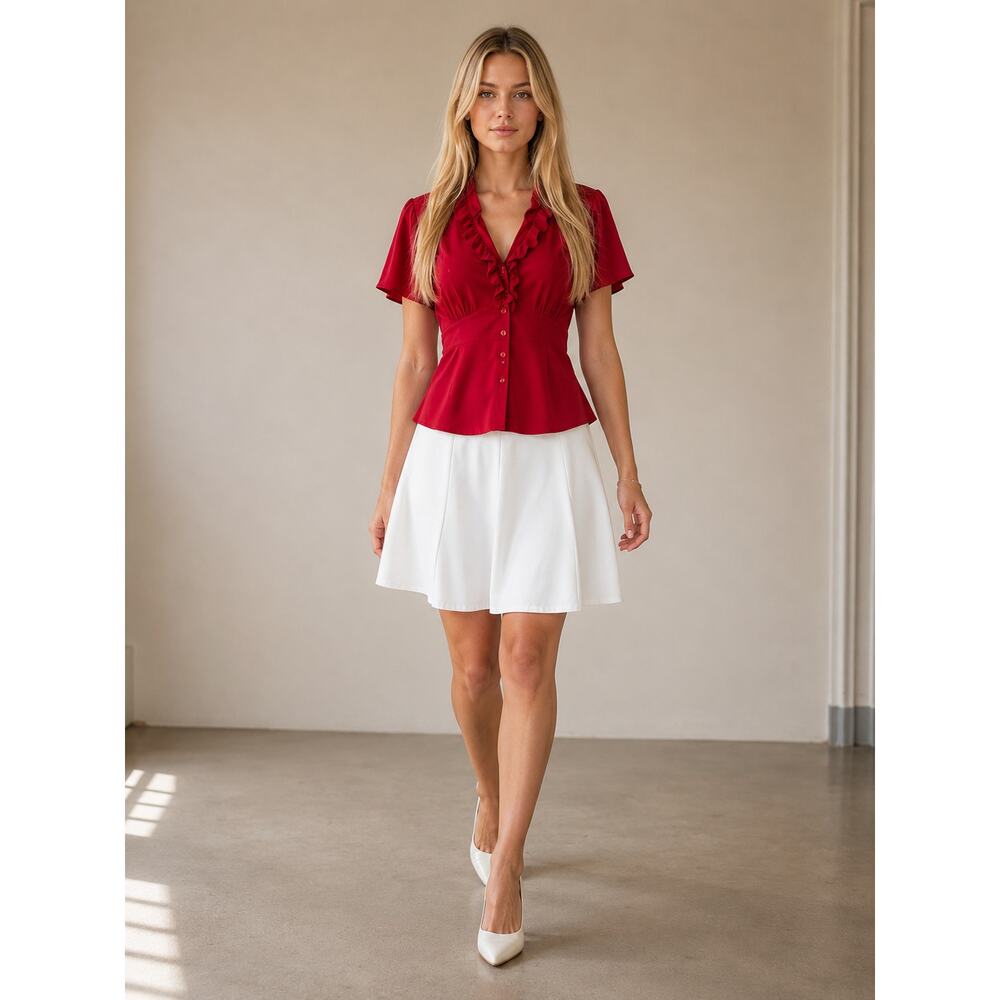 LR3101 Perceptions Women Red Ruffle Front Short Sleeve Blouse 1X